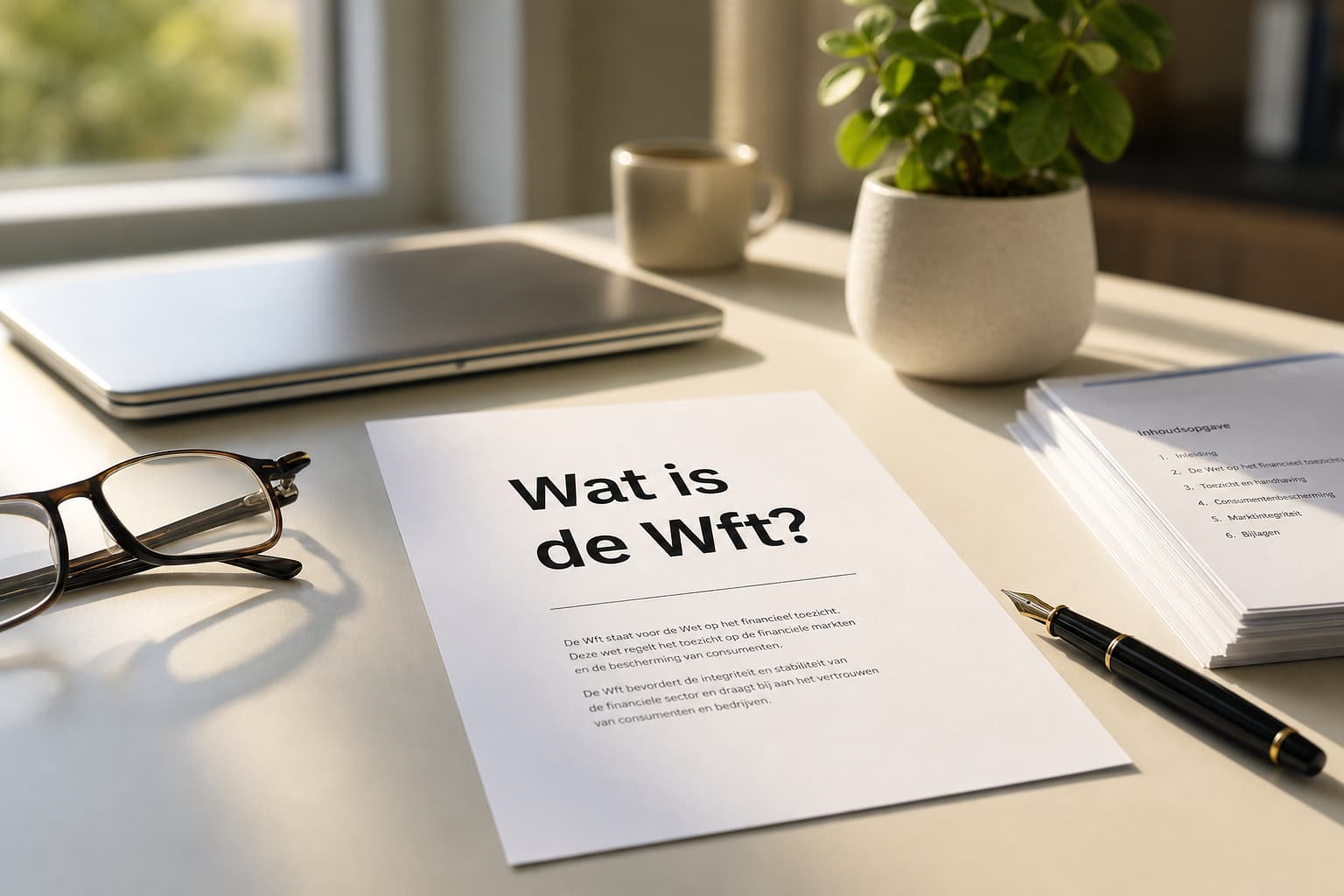 Bureau met een vel papier waarop "Wat is de Wft?" staat